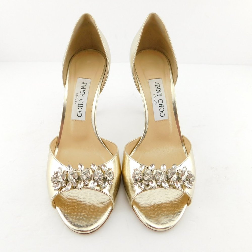 JIMMY CHOO Crystal Embellished Champagne Leather Open Toe D'Orsay Heel Pumps 38